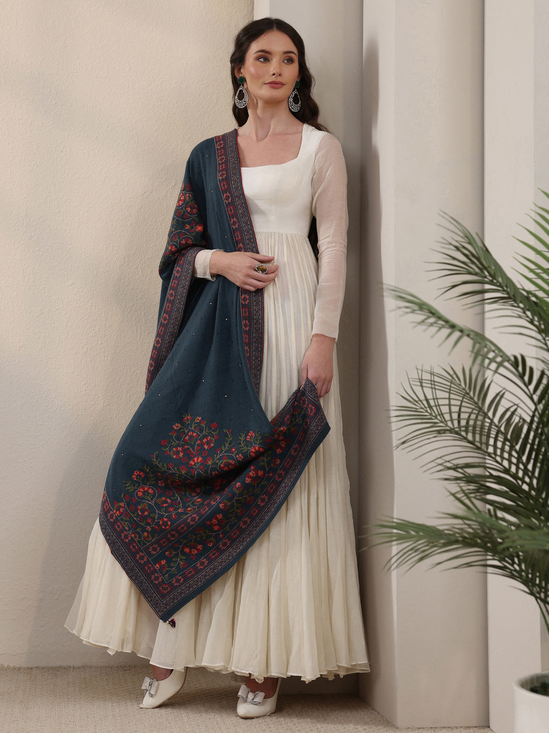 Libas Deep Teal Blue Floral Knitted Acrylic Wrap Shawl