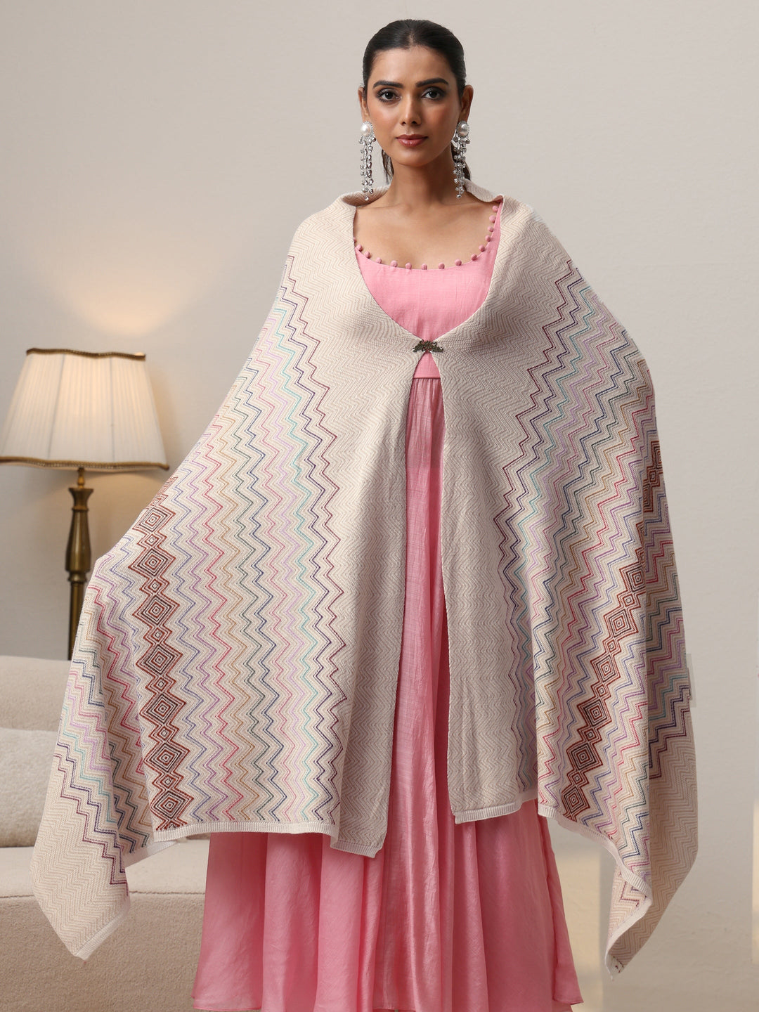 Libas Beige Chevron Knitted Acrylic Wrap Shawl