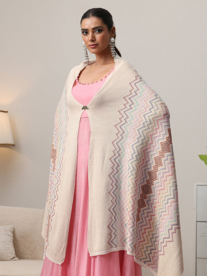 Libas Beige Chevron Knitted Acrylic Wrap Shawl