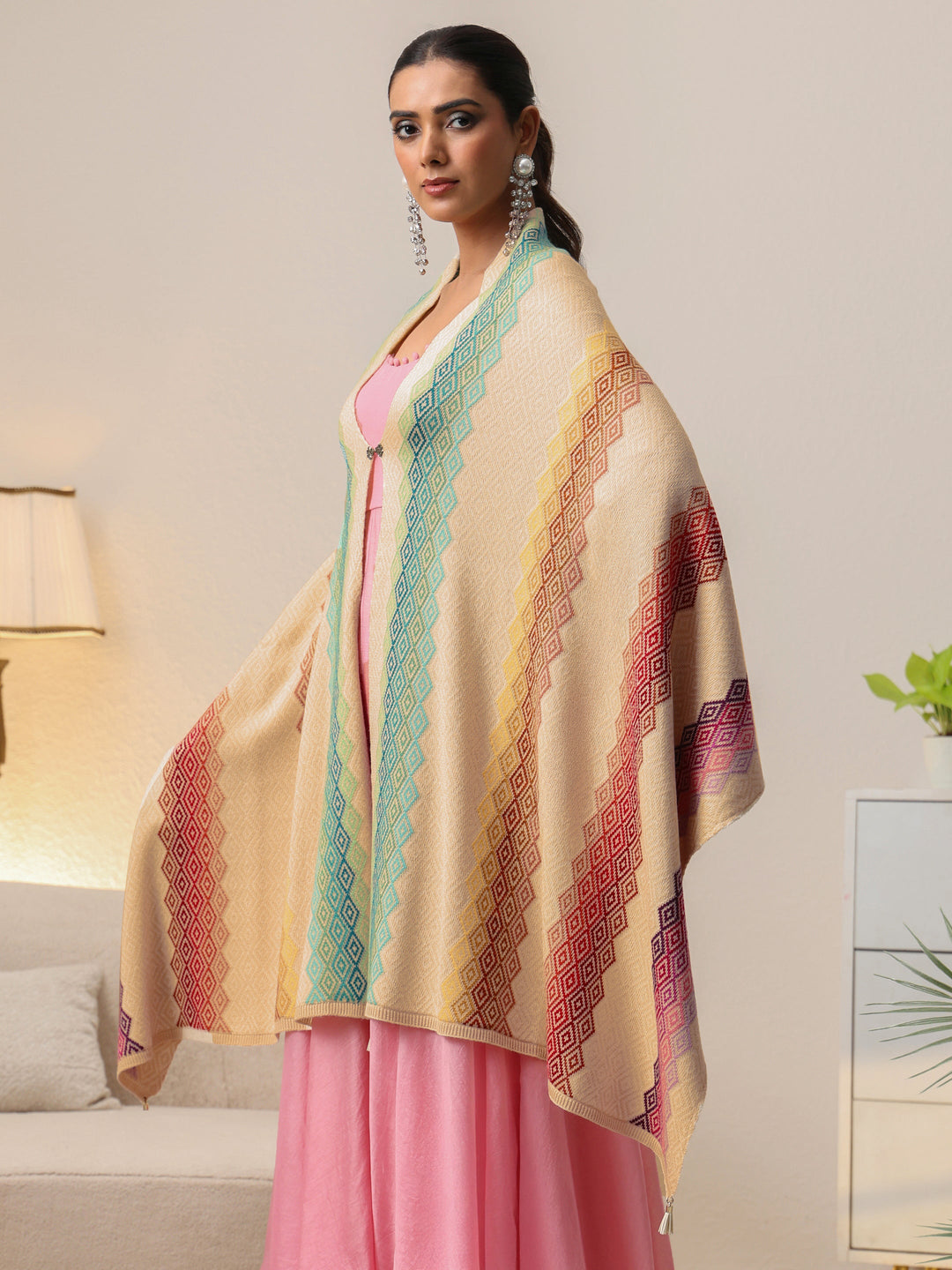 Libas Beige Geometric Knitted Acrylic Wrap Shawl