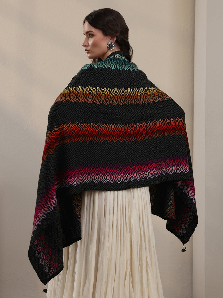 Libas Black Geometric Knitted Acrylic Wrap Shawl