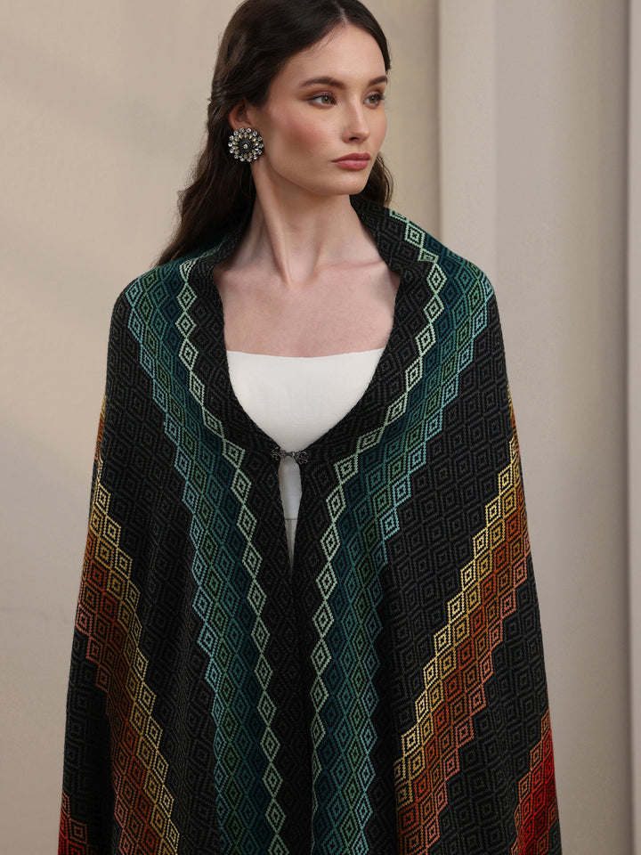 Libas Black Geometric Knitted Acrylic Wrap Shawl
