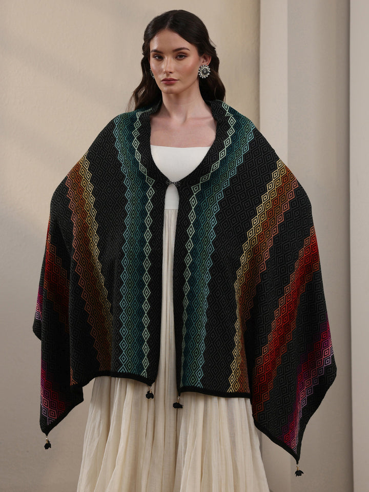 Libas Black Geometric Knitted Acrylic Wrap Shawl