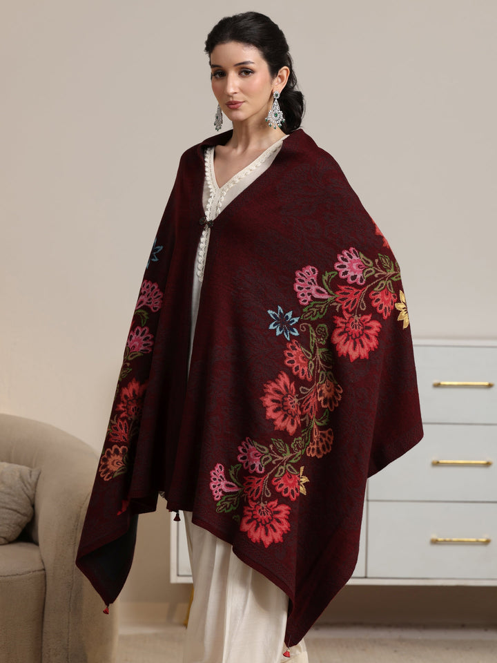 Libas Maroon Floral Knitted Acrylic Wrap Shawl