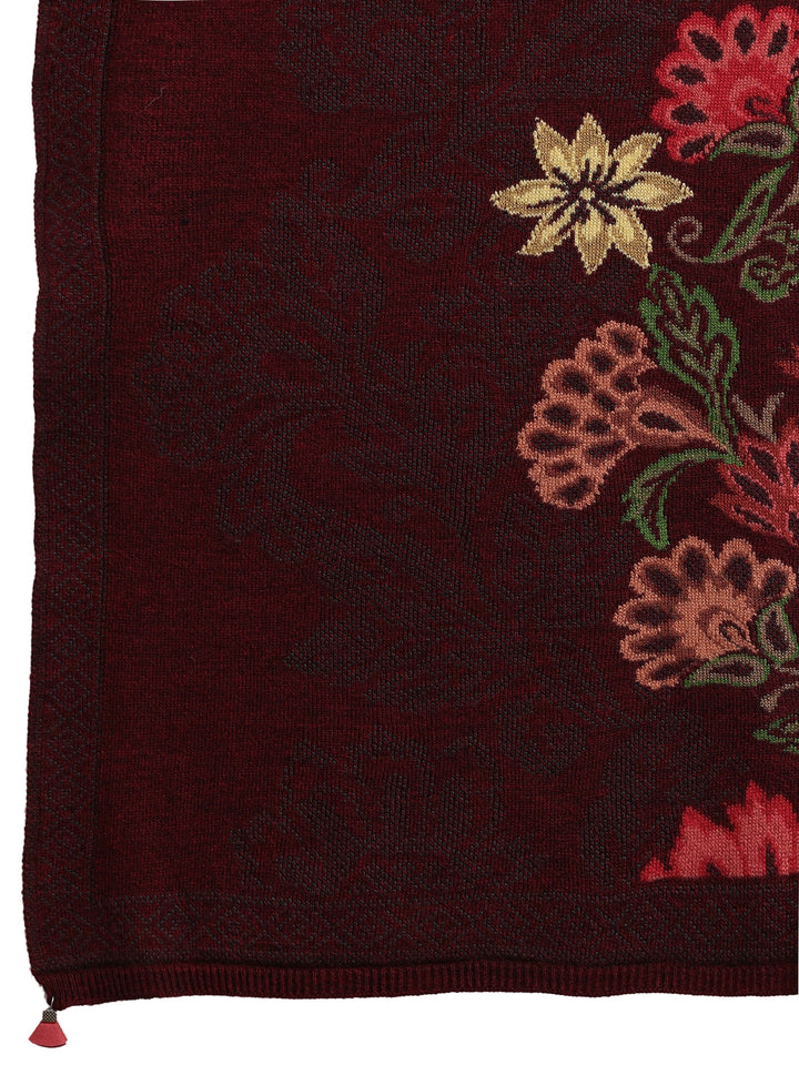 Libas Maroon Floral Knitted Acrylic Wrap Shawl