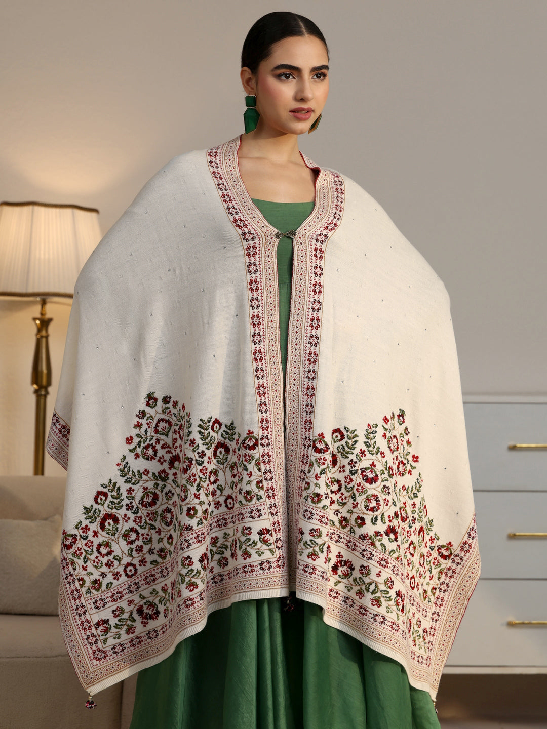 Libas White Floral Knitted Acrylic Wrap Shawl