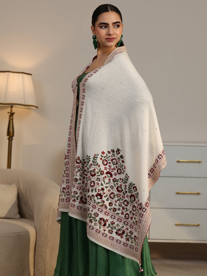 Libas White Floral Knitted Acrylic Wrap Shawl