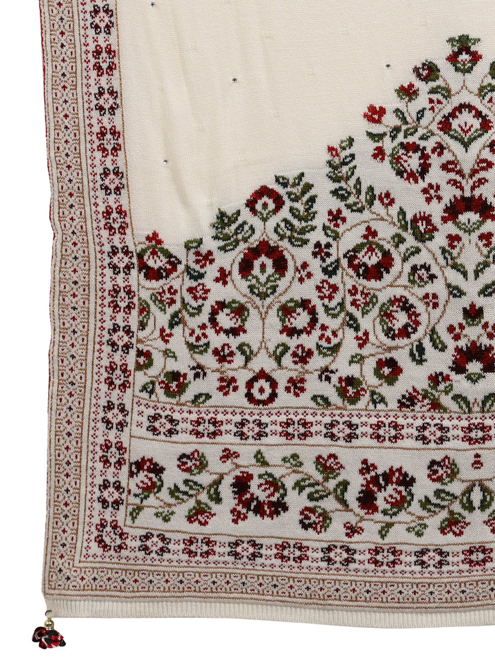 Libas White Floral Knitted Acrylic Wrap Shawl