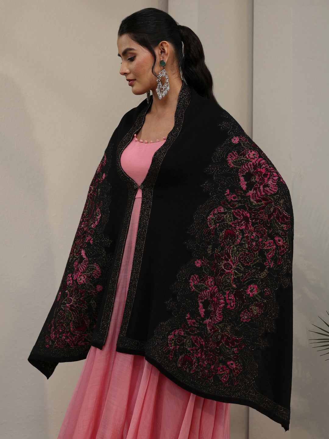 Libas Black Floral Knitted Acrylic Wrap Shawl