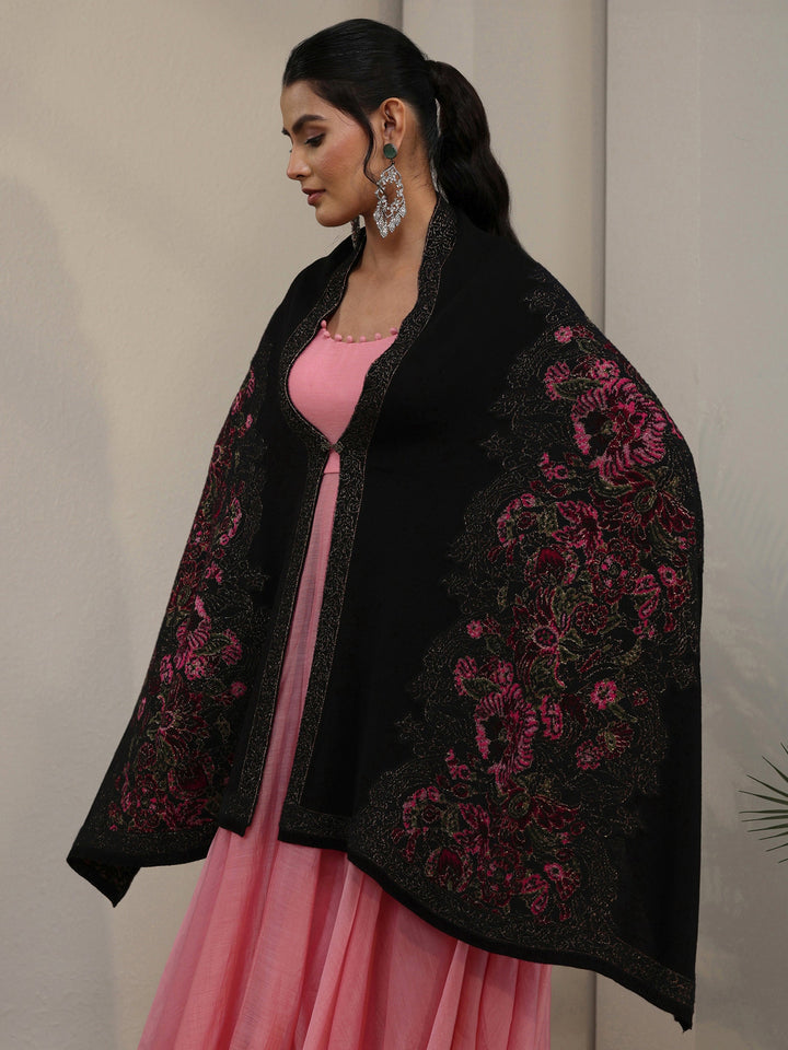 Libas Black Floral Knitted Acrylic Wrap Shawl