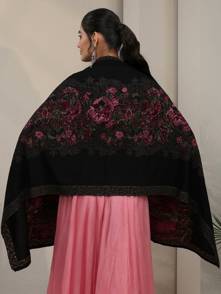 Libas Black Floral Knitted Acrylic Wrap Shawl
