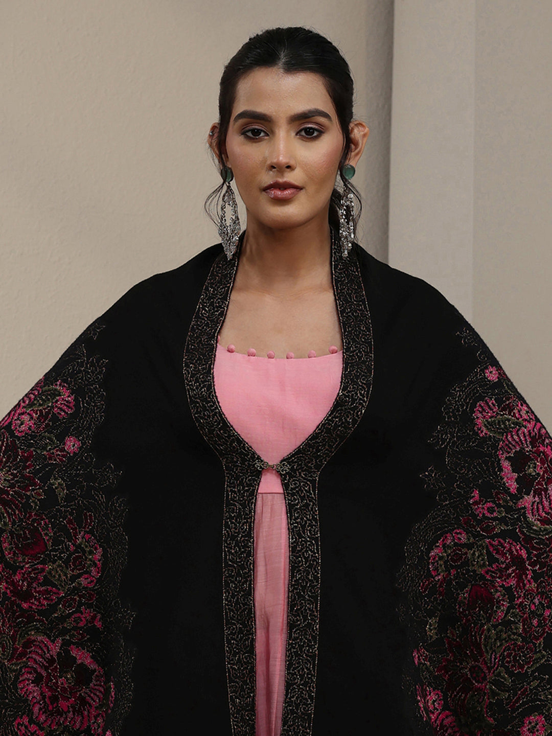 Libas Black Floral Knitted Acrylic Wrap Shawl