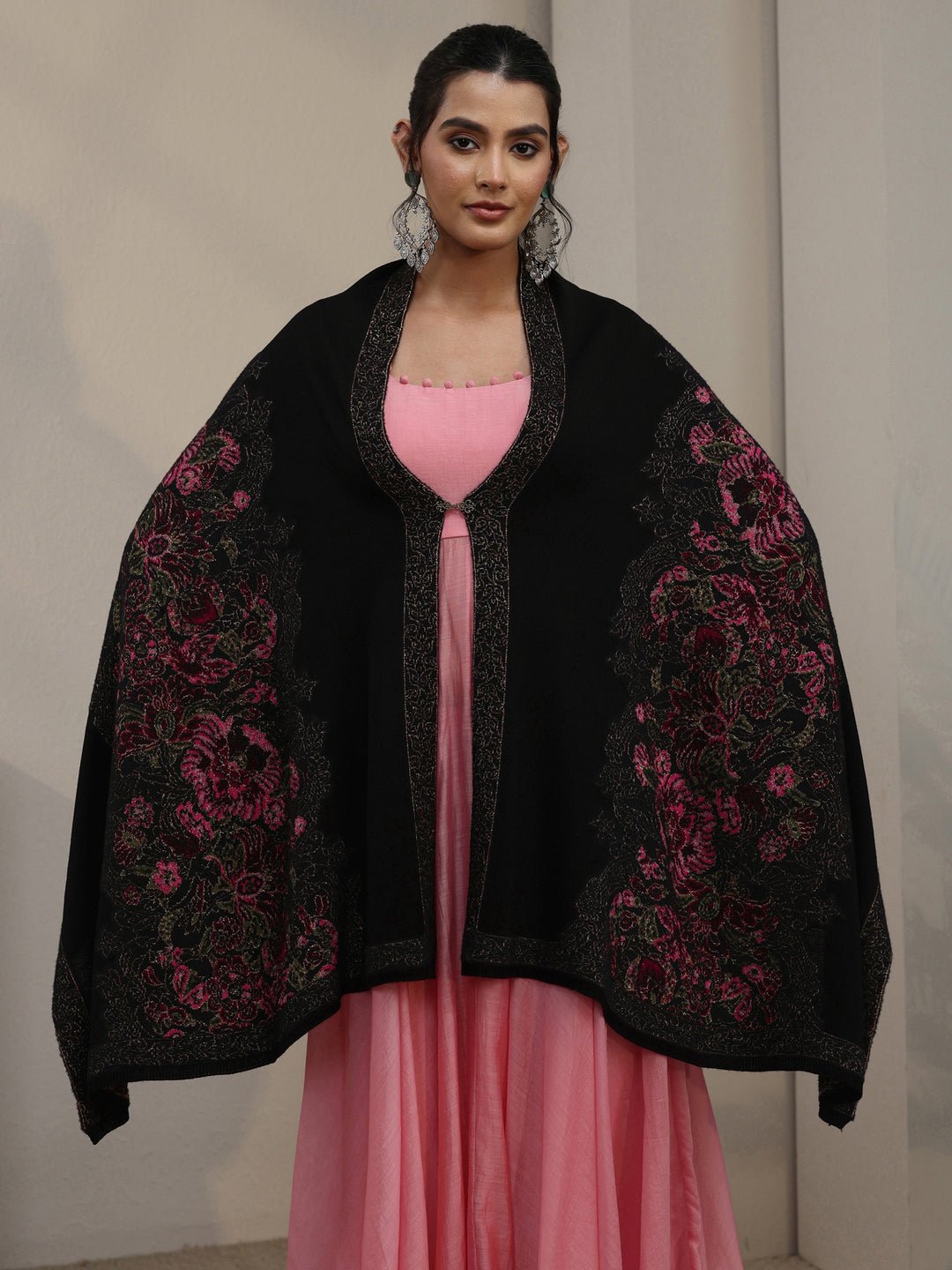 Libas Black Floral Knitted Acrylic Wrap Shawl