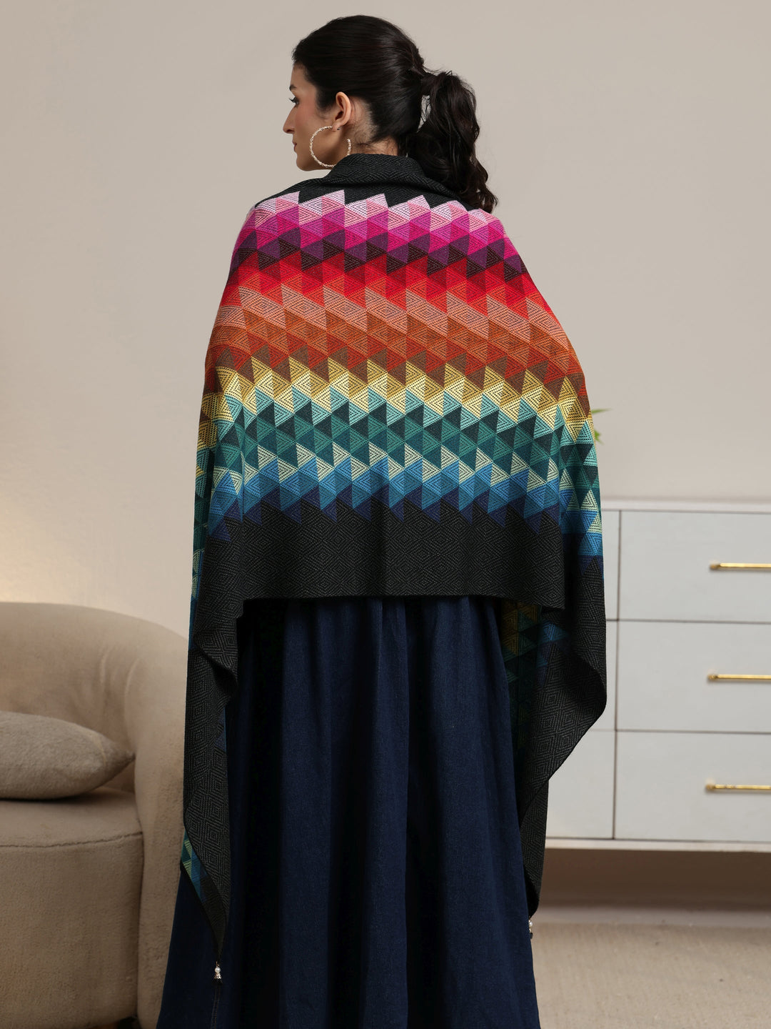 Libas Multi Colour Geometric Knitted Acrylic Wrap Shawl