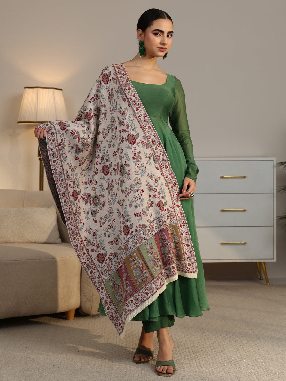 Libas Off White Floral Knitted Acrylic Shawl
