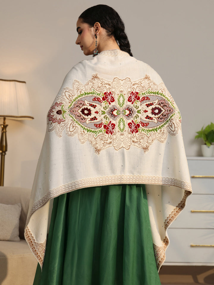 Libas White Floral Knitted Acrylic Wrap Shawl