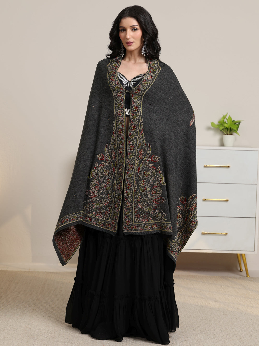 Libas Dark Grey Floral Knitted Acrylic Wrap Shawl