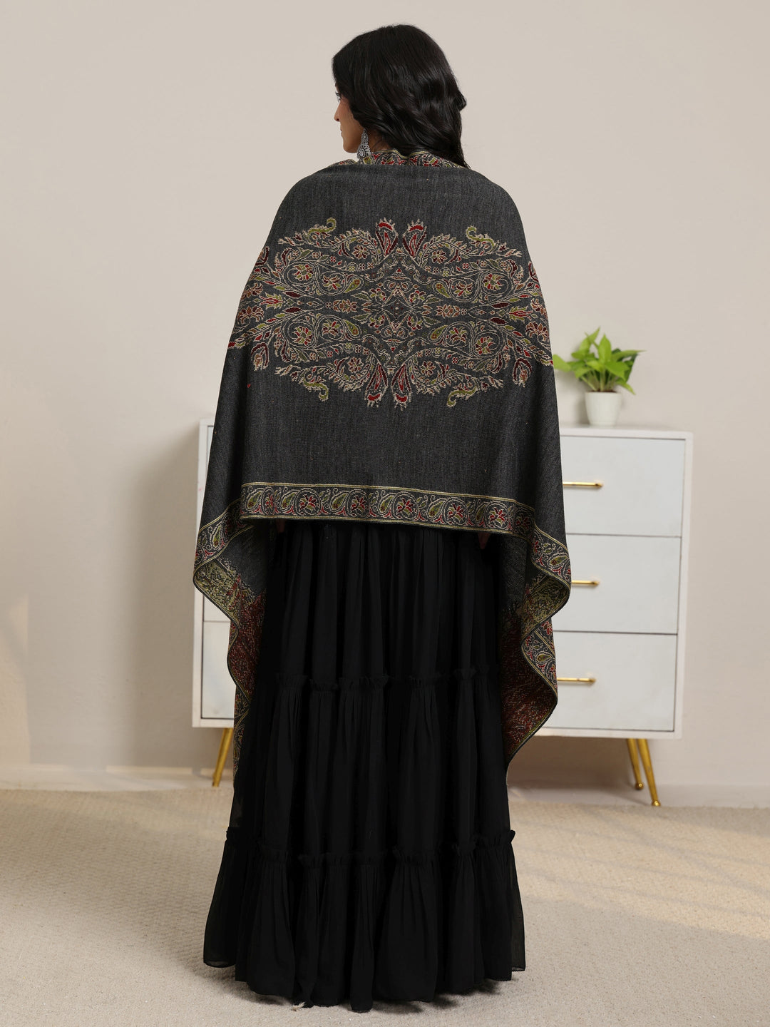 Libas Dark Grey Floral Knitted Acrylic Wrap Shawl