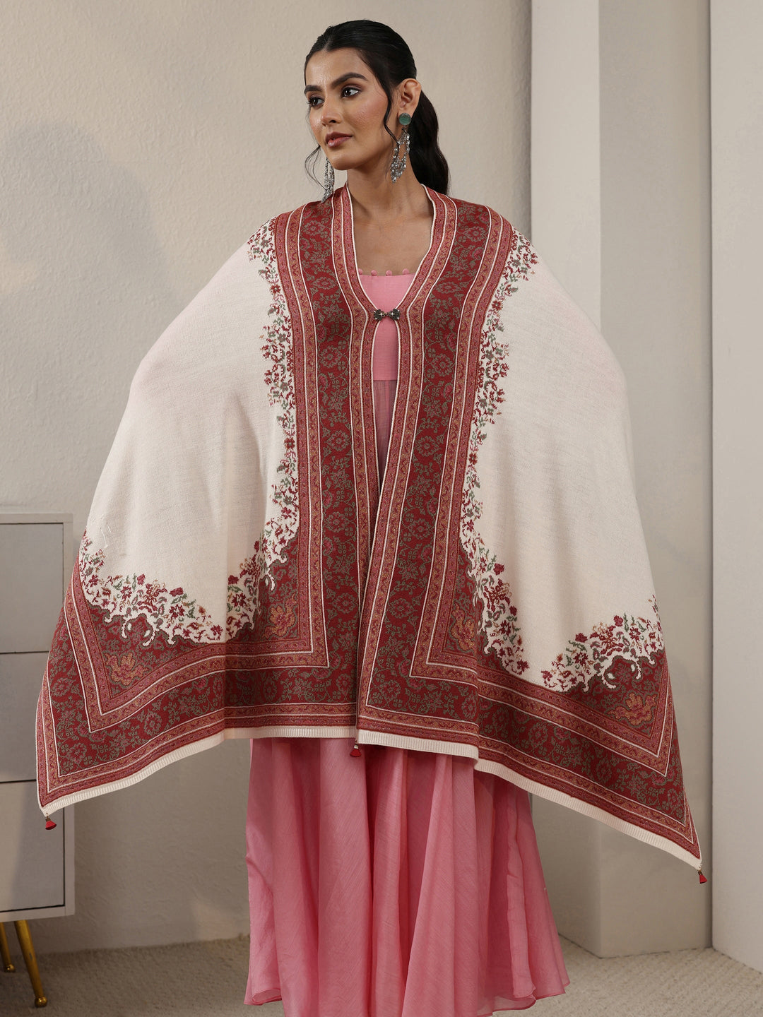 Libas White Ethnic Knitted Acrylic Wrap Shawl