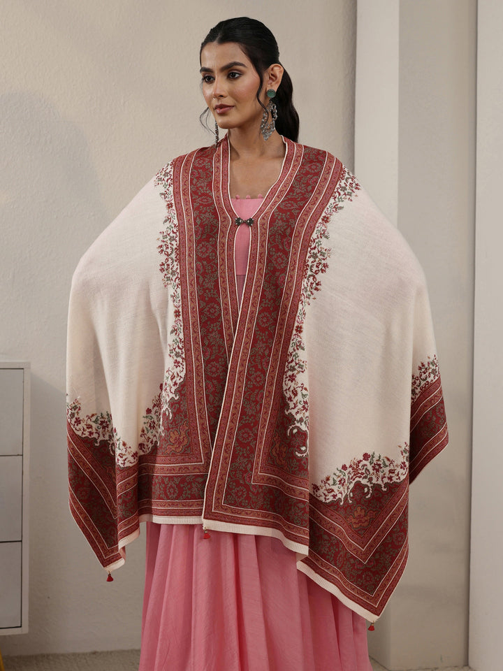 Libas White Ethnic Knitted Acrylic Wrap Shawl