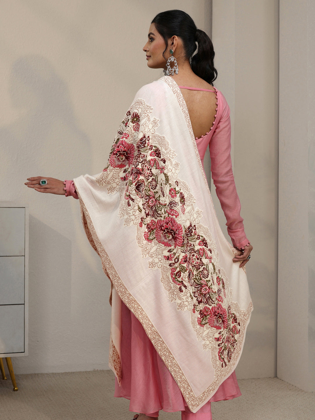 Libas Off White Floral Knitted Acrylic Shawl