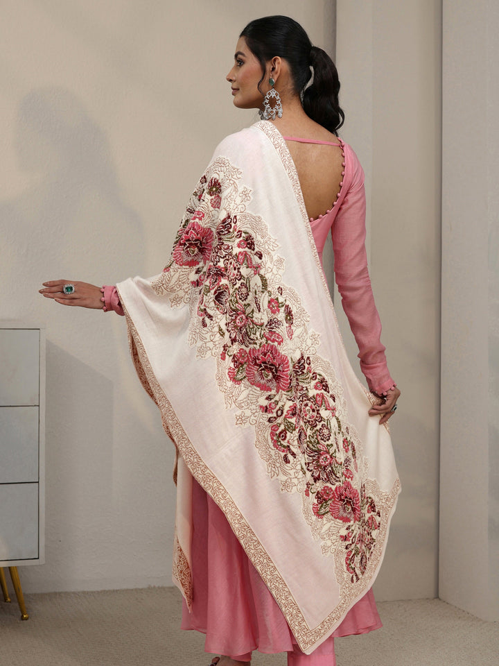 Libas Off White Floral Knitted Acrylic Shawl