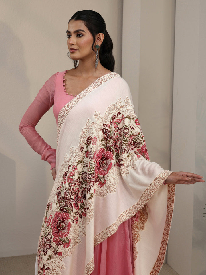 Libas Off White Floral Knitted Acrylic Shawl