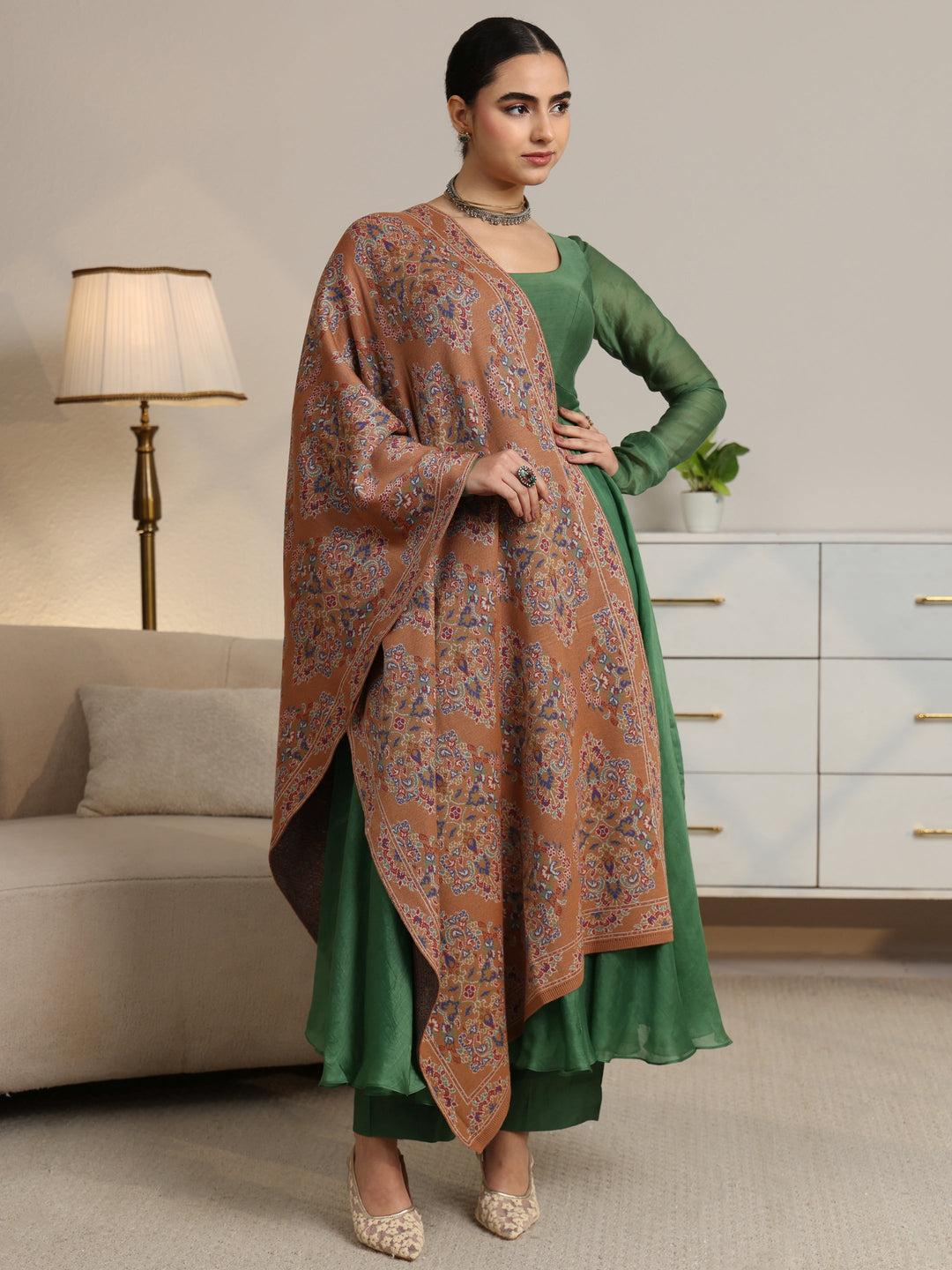 Libas Rust Brown Ethnic Knitted Acrylic Shawl