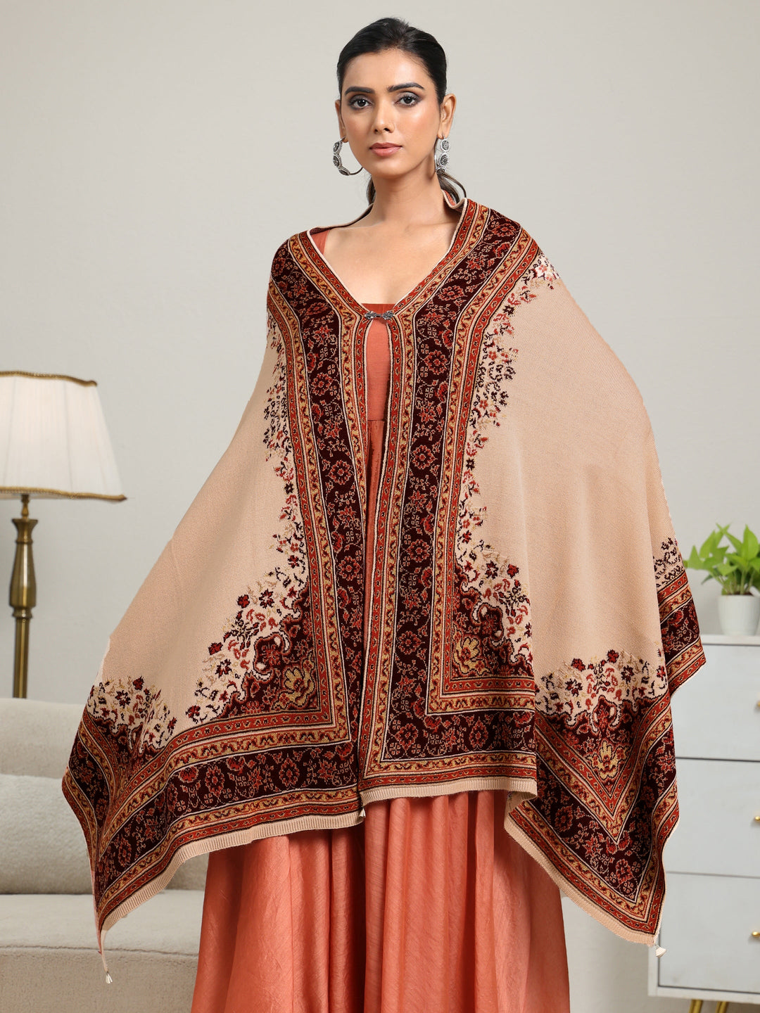 Libas Beige Ethnic Knitted Acrylic Wrap Shawl