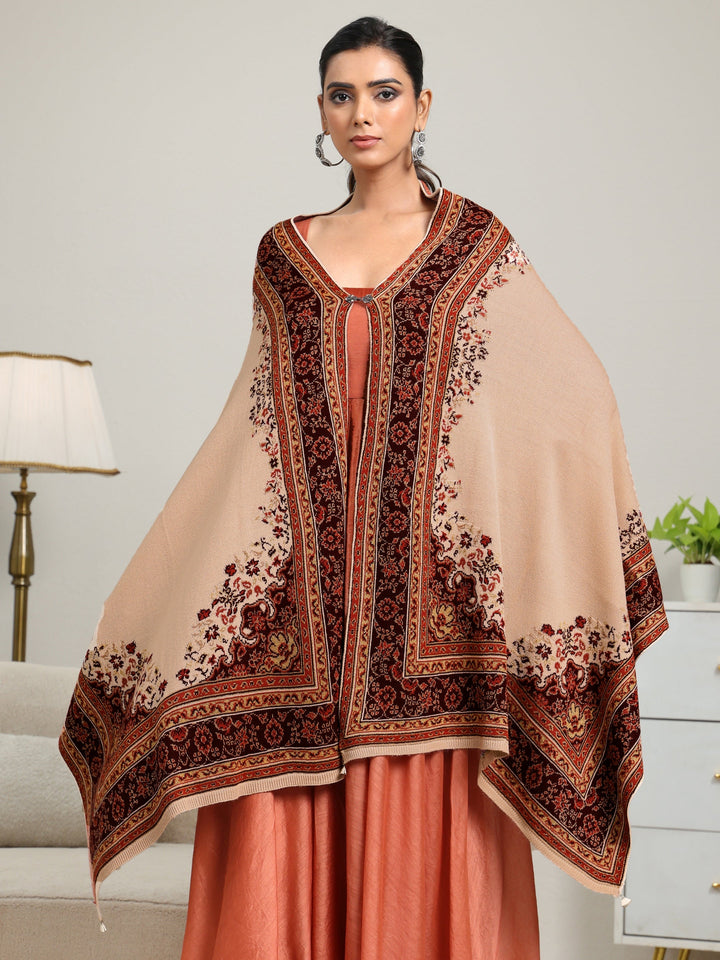 Libas Beige Ethnic Knitted Acrylic Wrap Shawl