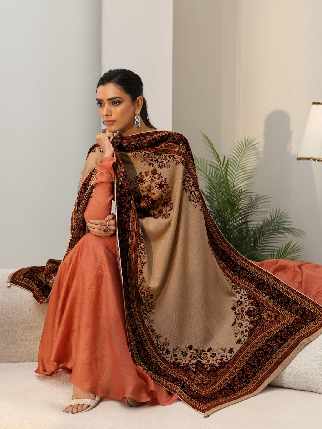 Libas Beige Ethnic Knitted Acrylic Wrap Shawl