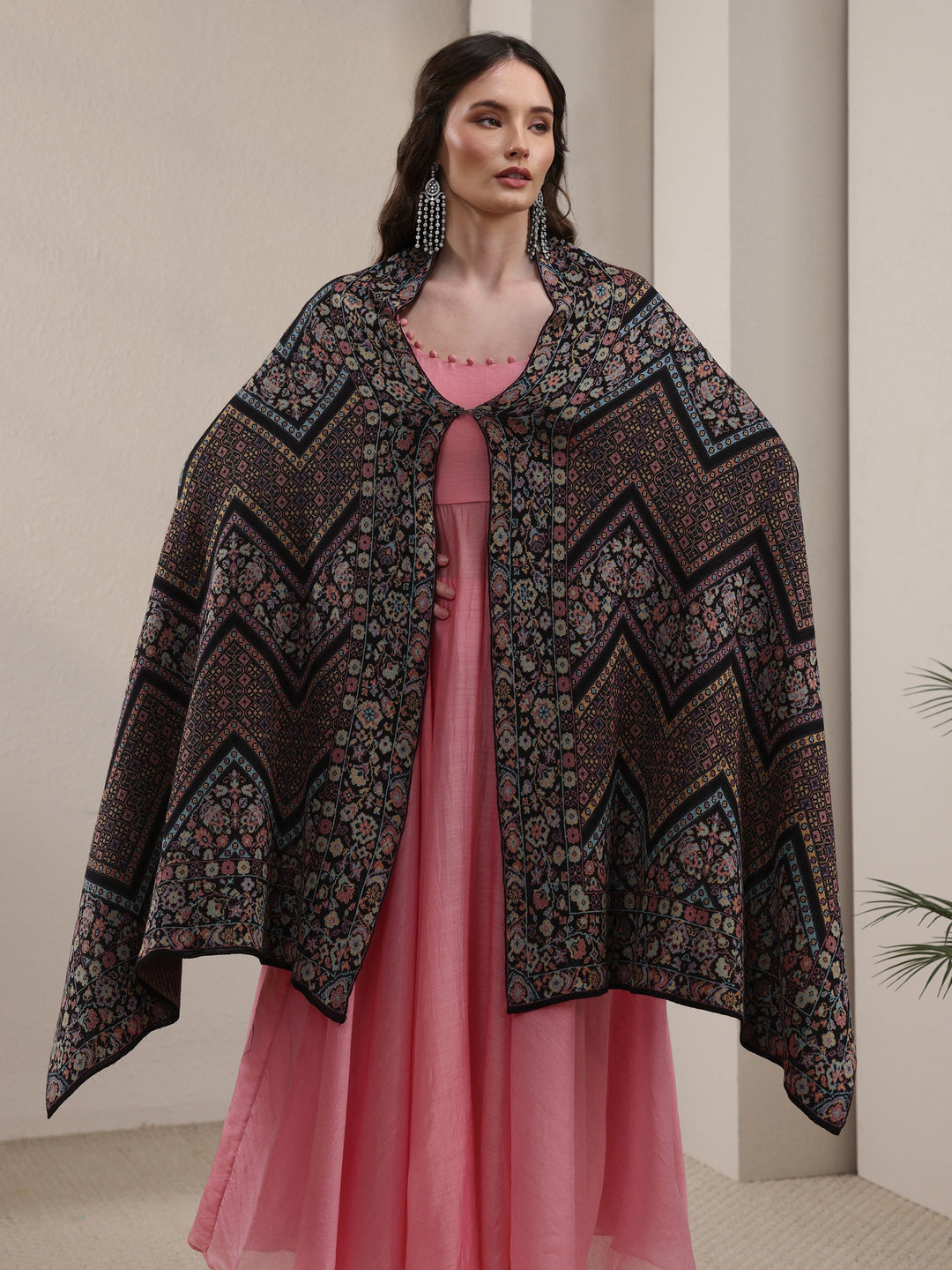 Libas Black Ethnic Knitted Acrylic Wrap Shawl