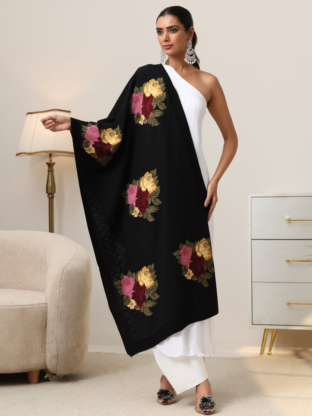 Libas Black Floral Knitted Acrylic Shawl