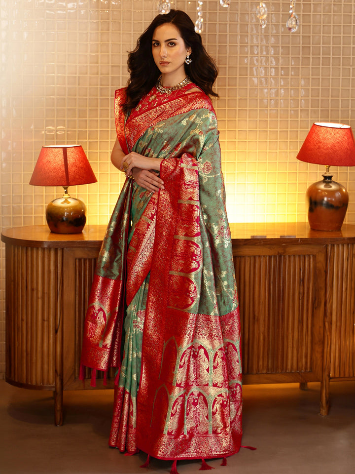 Libas Sage Green Baluchari Silk Blend Saree with Dupatta