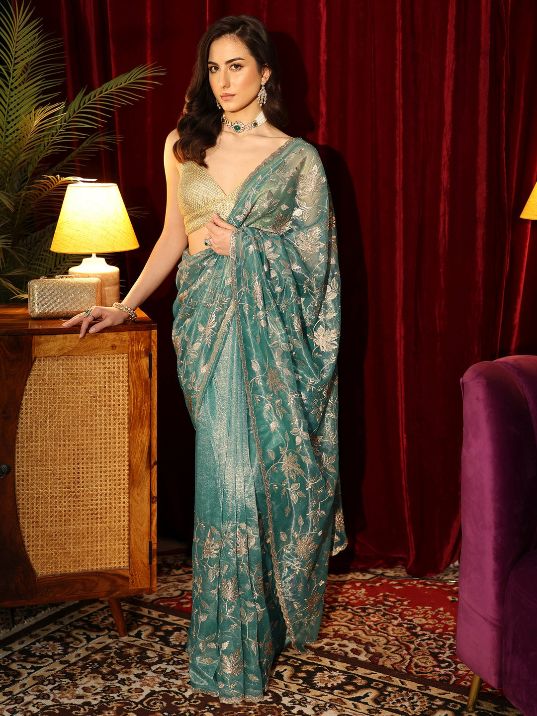 Libas Sage Green Floral Embellished Net Saree