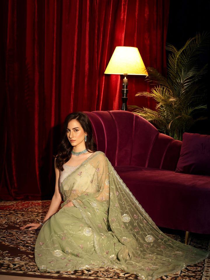 Libas Sage Green Floral Embroidered Chiffon Saree