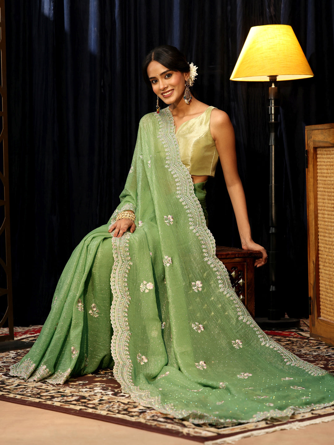 Libas Sage Green Floral Embroidered Chiffon Saree
