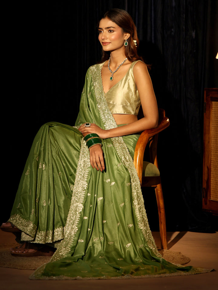 Libas Sage Green Floral Embroidered Silk Blend Saree