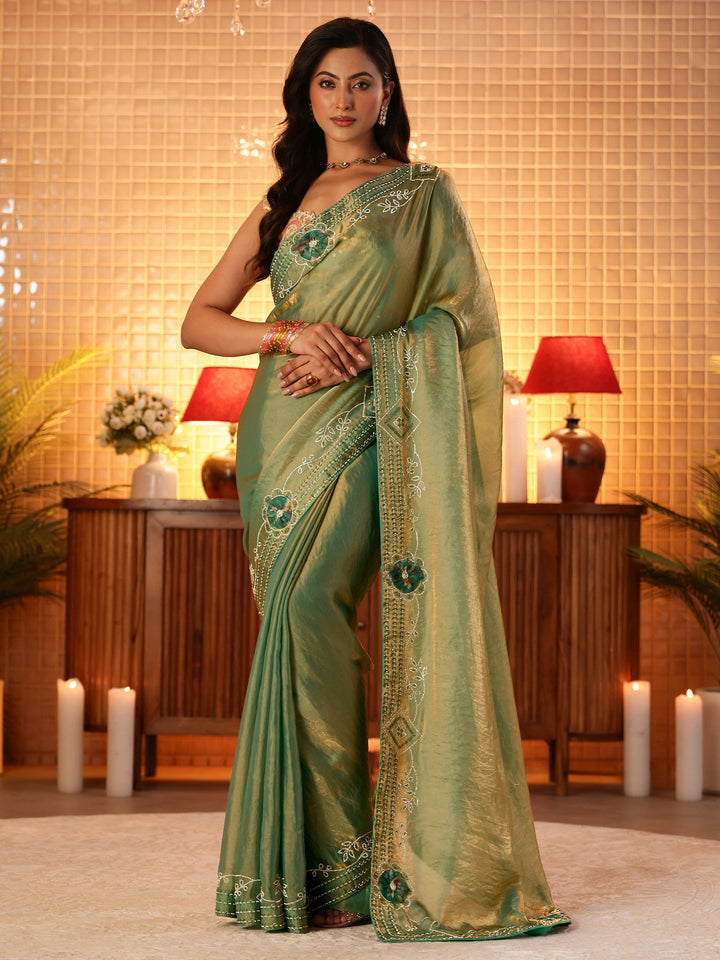 Sage Green Silk Blend Saree with Floral Border
