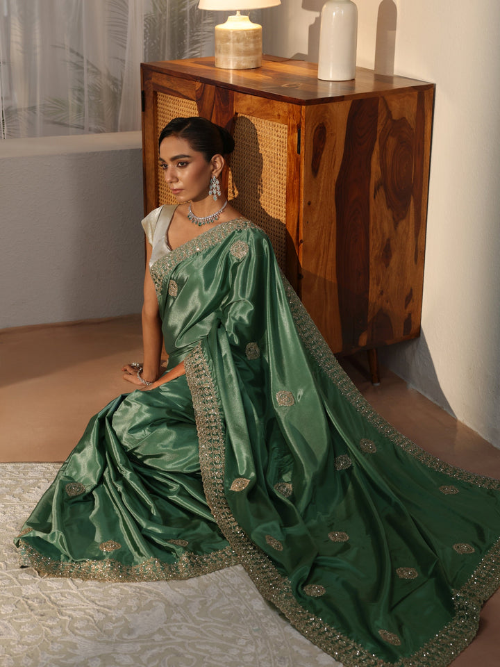 Sage Green Ethnic Embroidered Satin Saree