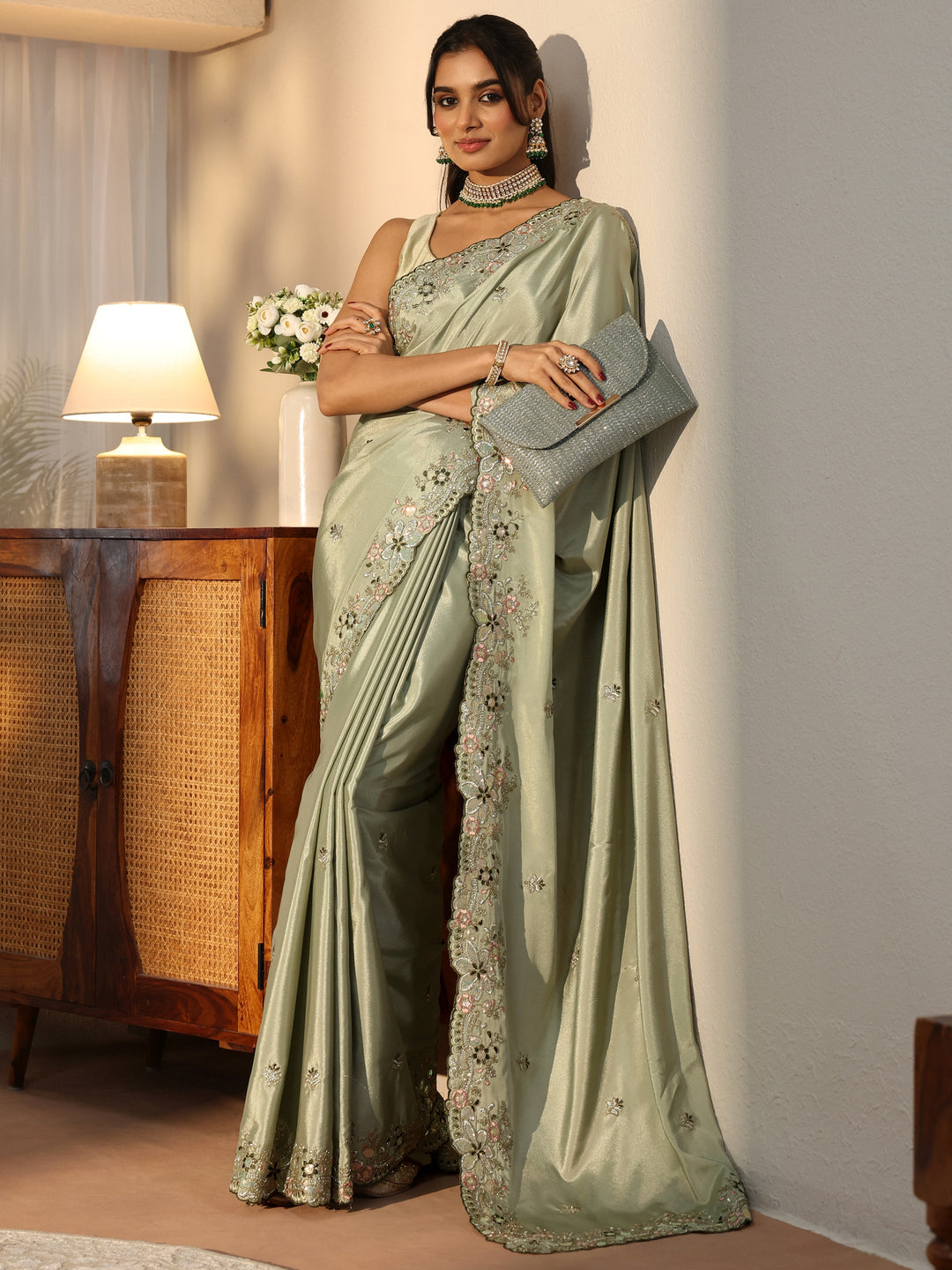 Sage Green Floral Embroidered Satin Saree