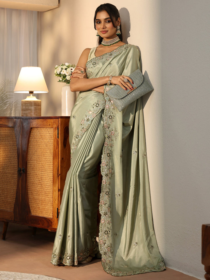 Sage Green Floral Embroidered Satin Saree