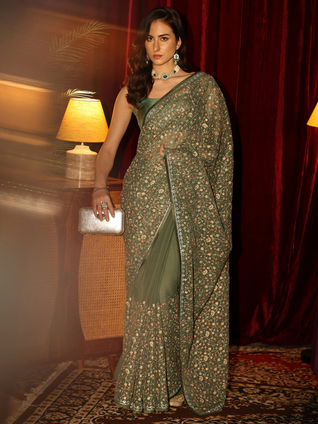 Libas Sap Green Floral Embroidered Chiffon Saree