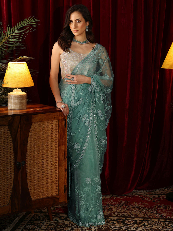 Libas Sea Green Floral Embroidered Net Saree