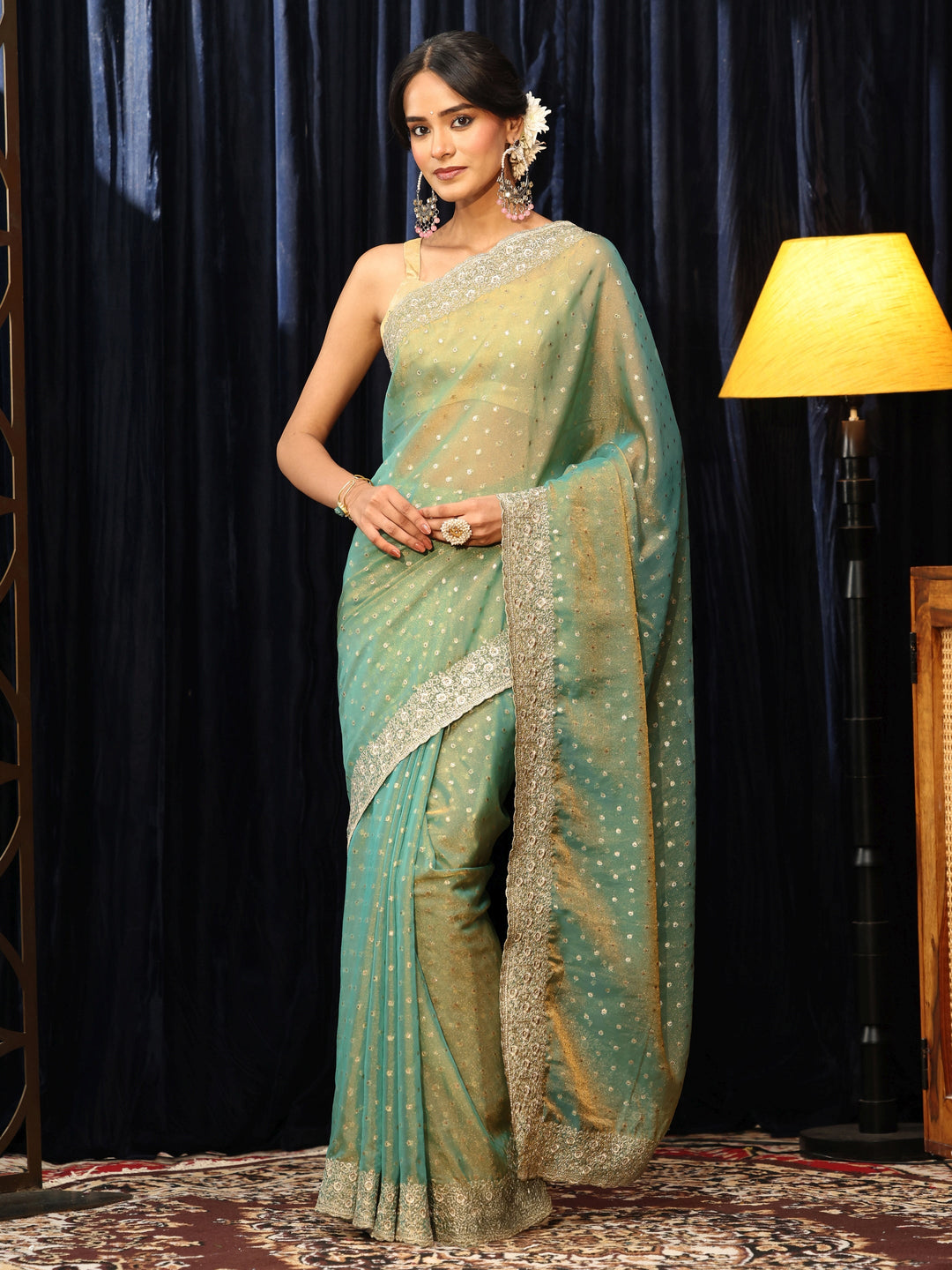 Libas Sea Green Mirror Work Silk Blend Saree