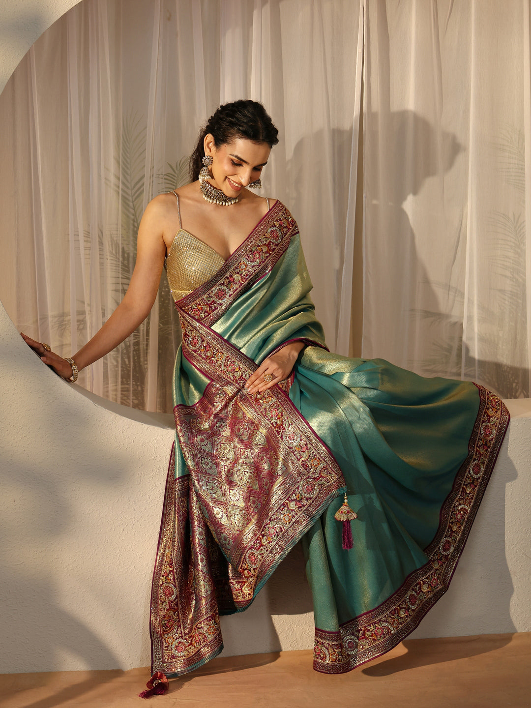 Libas Art Sea Green Silk Blend Saree with Embroidered Border