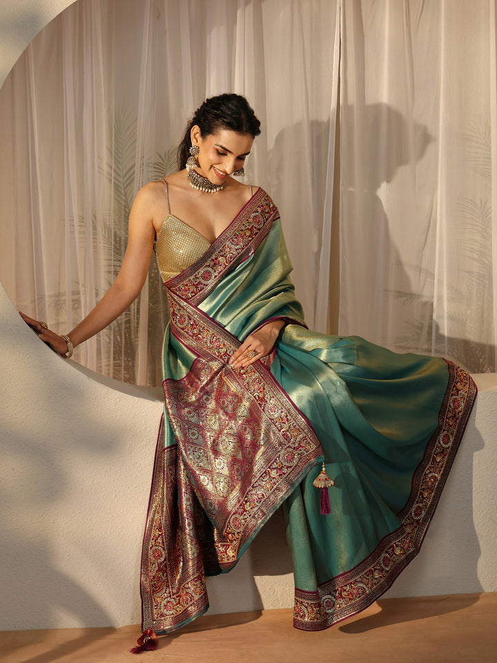 Libas Art Sea Green Silk Blend Saree with Embroidered Border