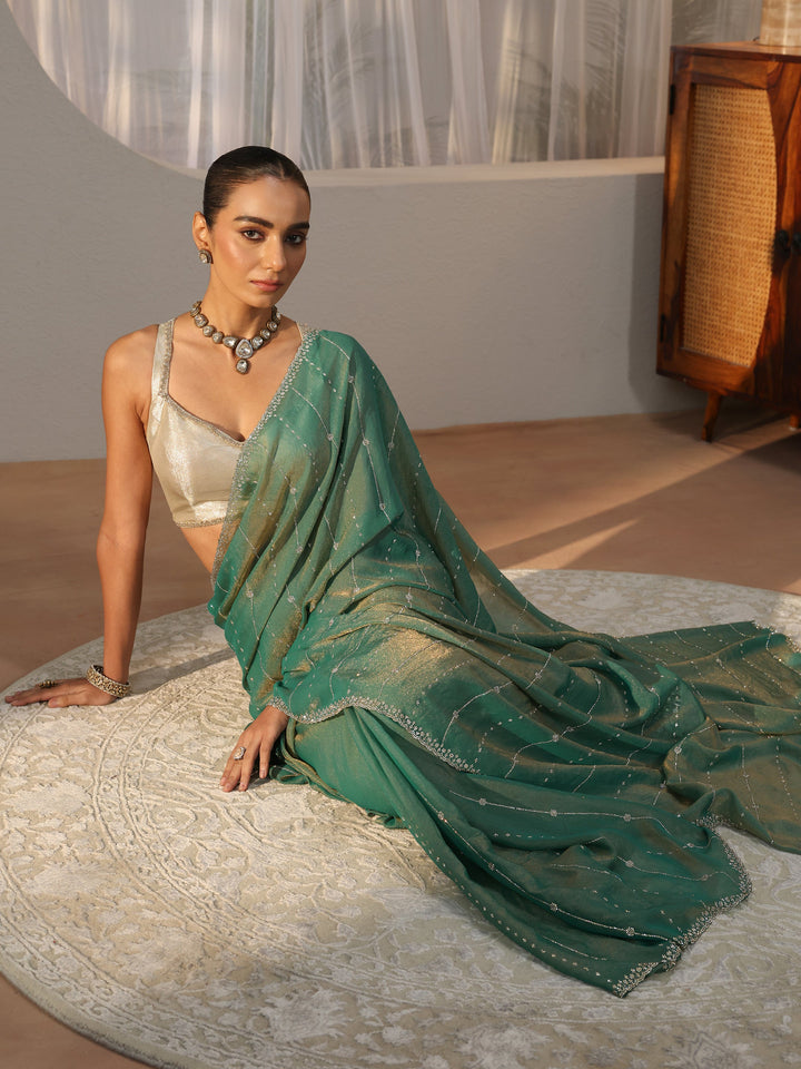 Sea Green Embellished Silk Blend Saree