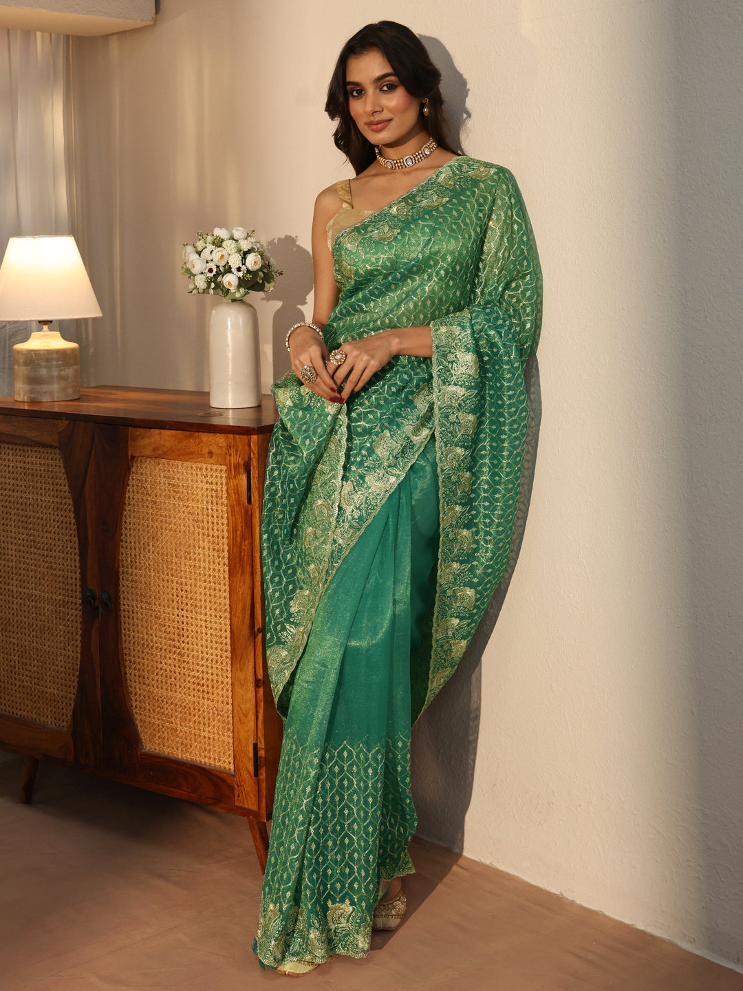 Sea Green Ethnic Embroidered Net Saree