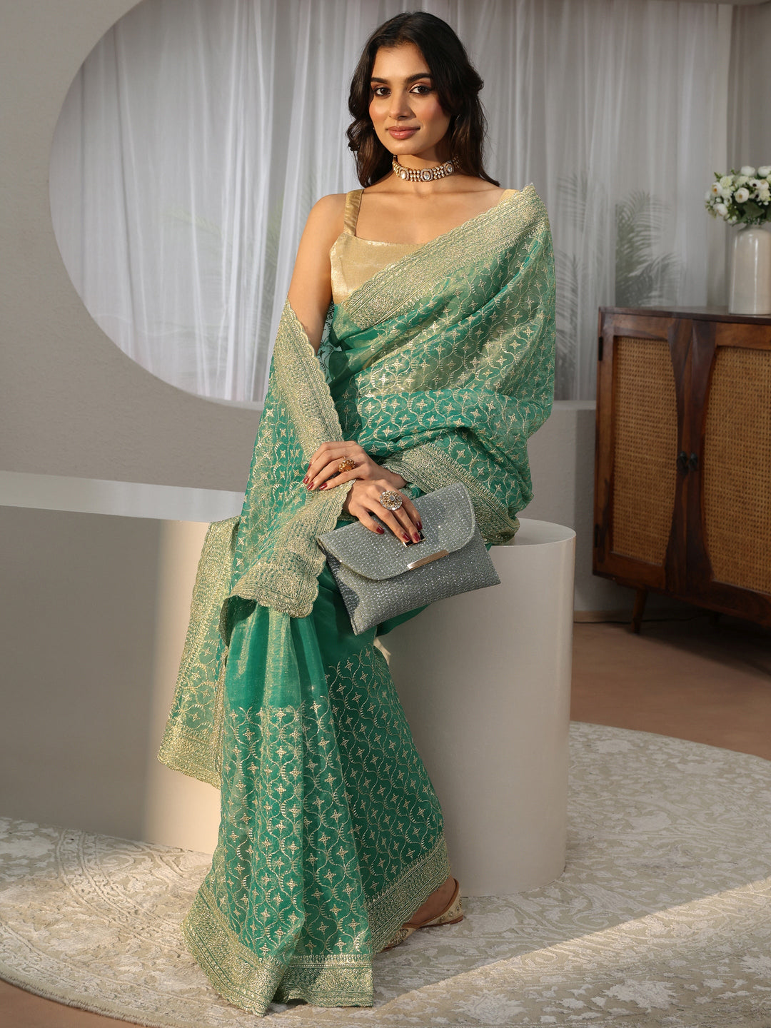 Sea Green Ethnic Embroidered Net Saree